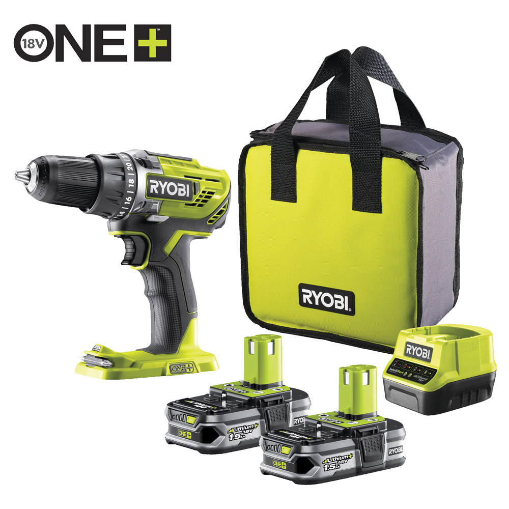 Ryobi 18 V Akku-Bohrschrauber R18DD3-215S inkl. 2 Akkus und Ladegerät