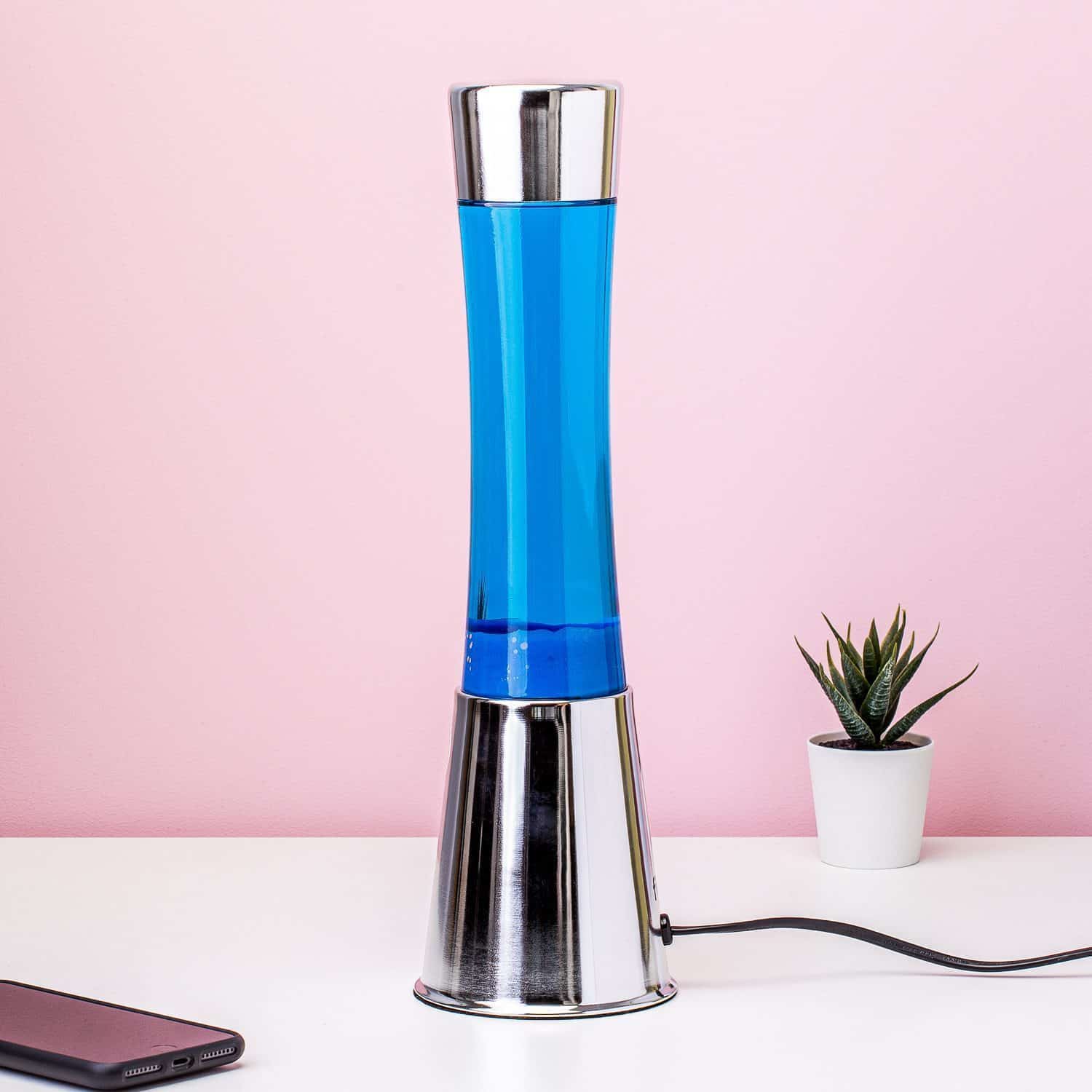 Lavalamp silber mit blauer Flüssigkeit und navyfarbener Lava
